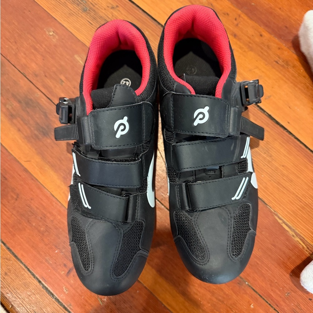 Peloton Black Cycling Shoes with Vibrant Red Lining